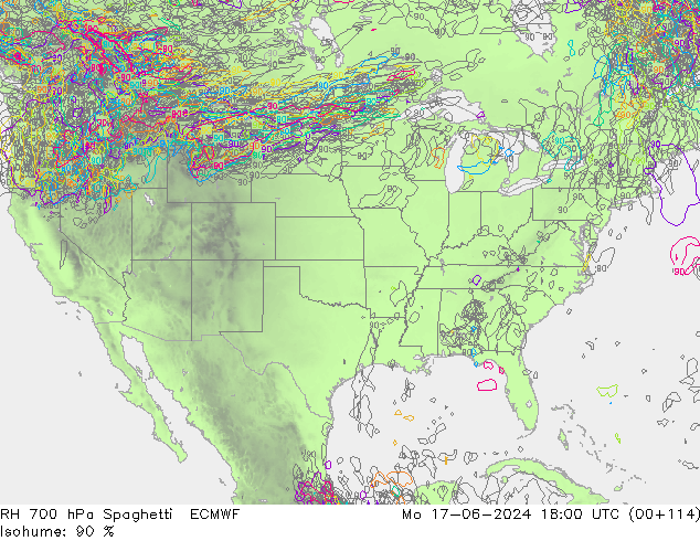 RH 700 гПа Spaghetti ECMWF пн 17.06.2024 18 UTC