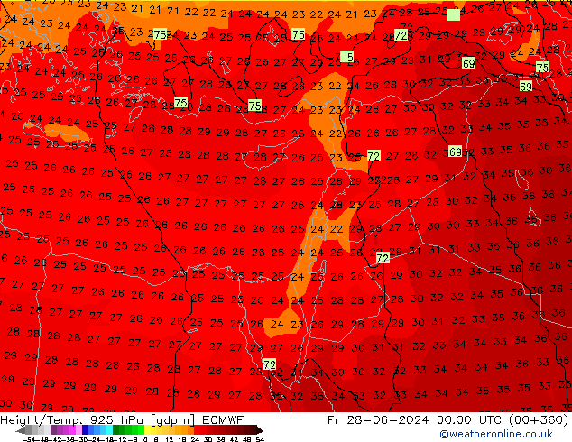 Hoogte/Temp. 925 hPa ECMWF vr 28.06.2024 00 UTC