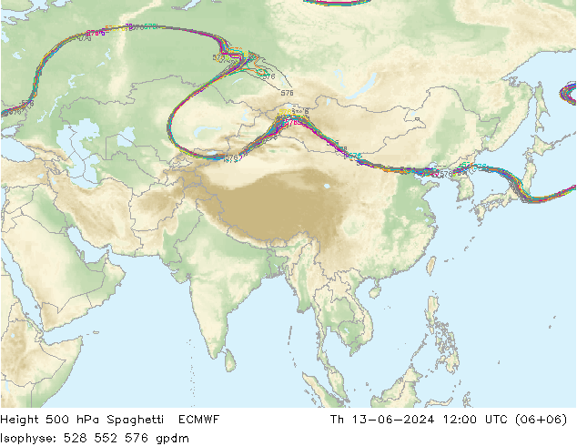 Height 500 hPa Spaghetti ECMWF czw. 13.06.2024 12 UTC