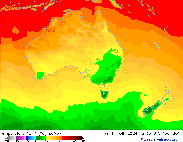 Temperature (2m) ECMWF Pá 14.06.2024 12 UTC