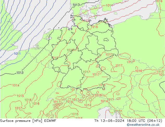 Surface pressure ECMWF Th 13.06.2024 18 UTC