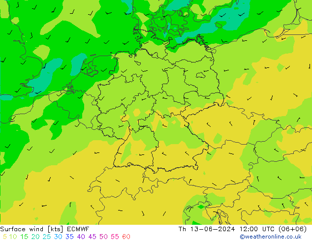 Surface wind ECMWF Th 13.06.2024 12 UTC