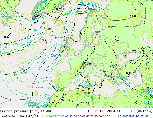 Isotachen (km/h) ECMWF di 18.06.2024 00 UTC