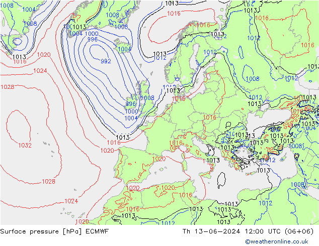 Pressione al suolo ECMWF gio 13.06.2024 12 UTC