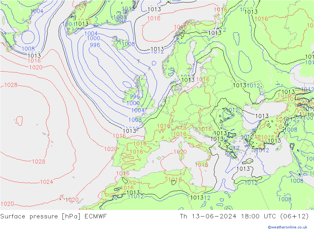 Surface pressure ECMWF Th 13.06.2024 18 UTC