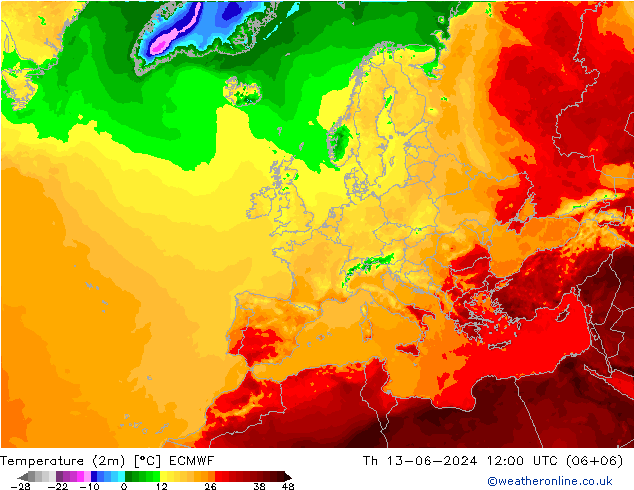 Temperature (2m) ECMWF Th 13.06.2024 12 UTC