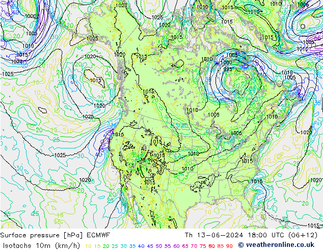 Isotachs (kph) ECMWF  13.06.2024 18 UTC