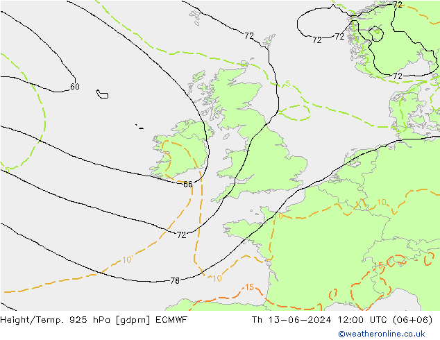 Geop./Temp. 925 hPa ECMWF jue 13.06.2024 12 UTC