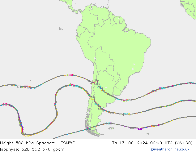 Height 500 hPa Spaghetti ECMWF czw. 13.06.2024 06 UTC