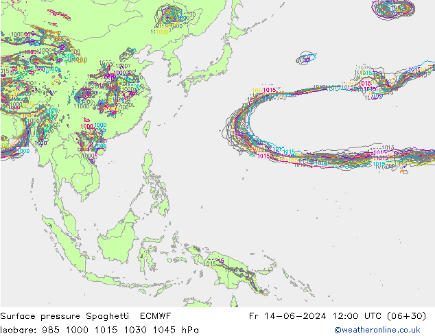 Pressione al suolo Spaghetti ECMWF ven 14.06.2024 12 UTC