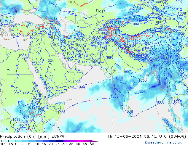 Precipitation (6h) ECMWF Čt 13.06.2024 12 UTC