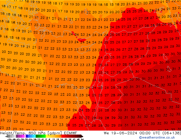 Hoogte/Temp. 850 hPa ECMWF wo 19.06.2024 00 UTC