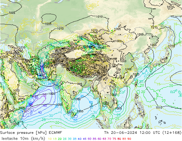 Isotachs (kph) ECMWF Th 20.06.2024 12 UTC