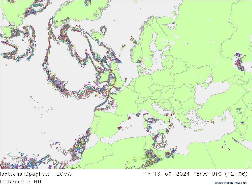 Isotachs Spaghetti ECMWF чт 13.06.2024 18 UTC