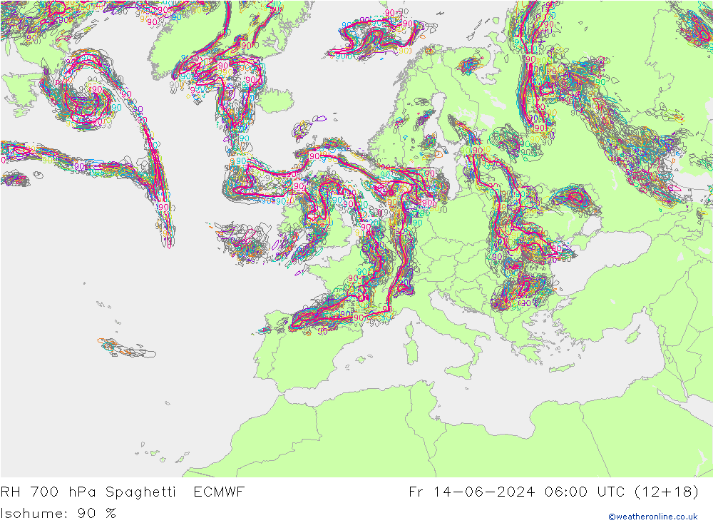 RH 700 hPa Spaghetti ECMWF ven 14.06.2024 06 UTC