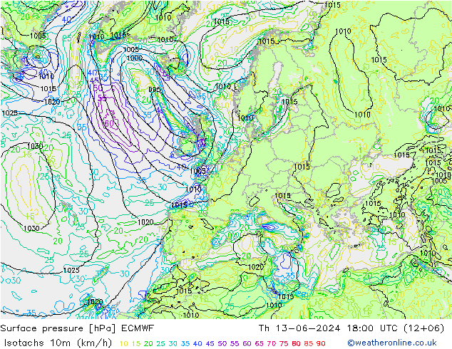 Isotachs (kph) ECMWF чт 13.06.2024 18 UTC