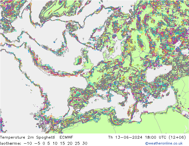 Temperatura 2m Spaghetti ECMWF jue 13.06.2024 18 UTC