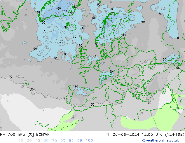 RH 700 hPa ECMWF Čt 20.06.2024 12 UTC