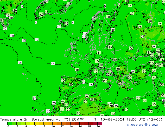 Temperature 2m Spread ECMWF Th 13.06.2024 18 UTC