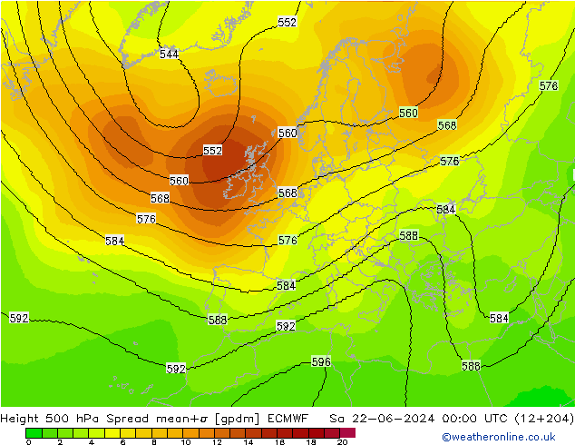 Height 500 hPa Spread ECMWF Sa 22.06.2024 00 UTC