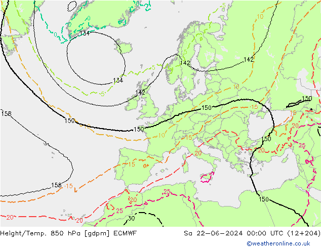 Height/Temp. 850 hPa ECMWF Sa 22.06.2024 00 UTC