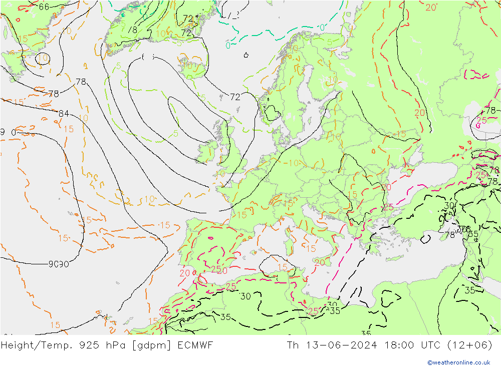 Height/Temp. 925 hPa ECMWF gio 13.06.2024 18 UTC