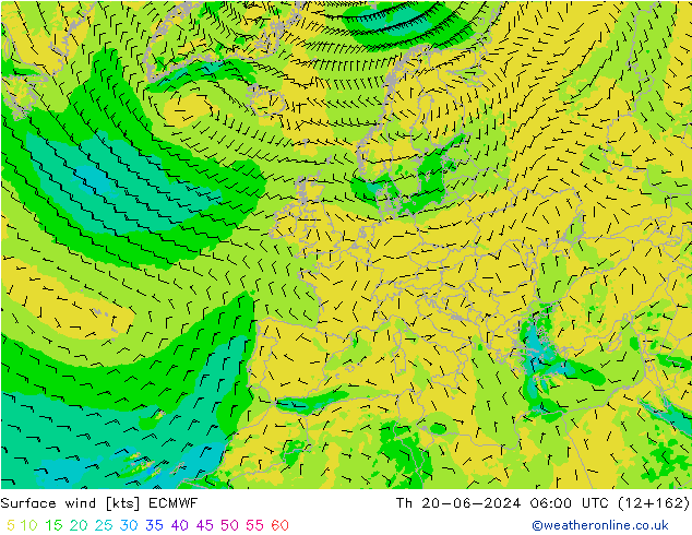 Surface wind ECMWF Čt 20.06.2024 06 UTC