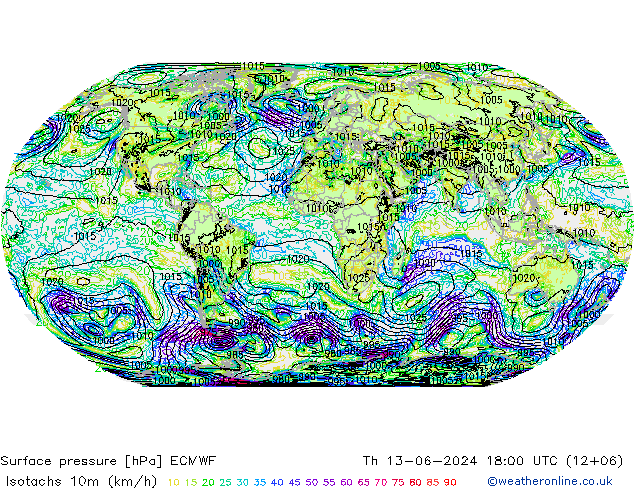 Isotachs (kph) ECMWF Th 13.06.2024 18 UTC
