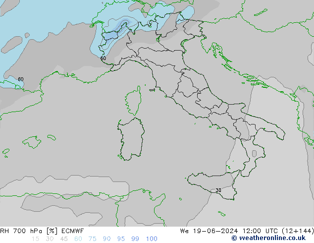 RH 700 hPa ECMWF We 19.06.2024 12 UTC