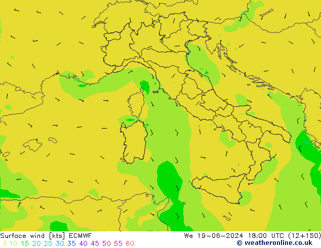 Vento 10 m ECMWF Qua 19.06.2024 18 UTC