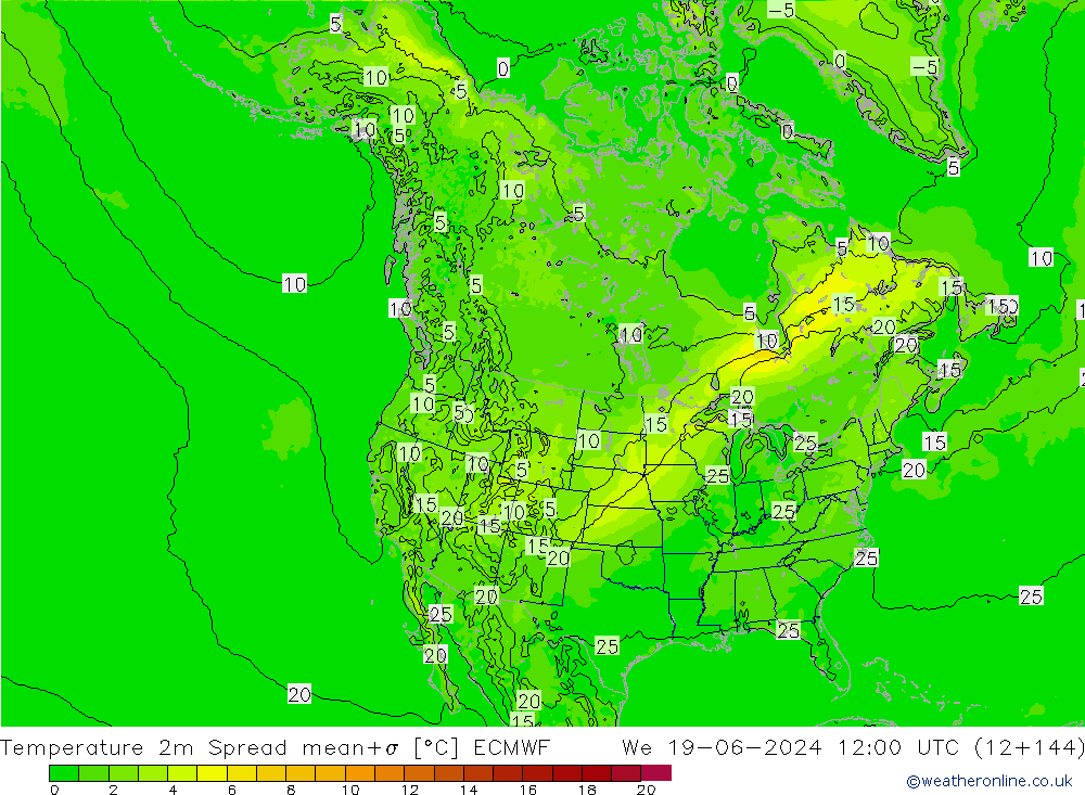 Temperature 2m Spread ECMWF We 19.06.2024 12 UTC