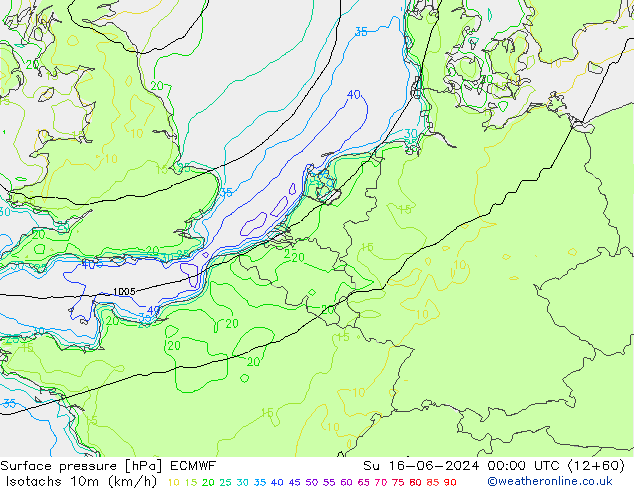 Isotachs (kph) ECMWF dom 16.06.2024 00 UTC