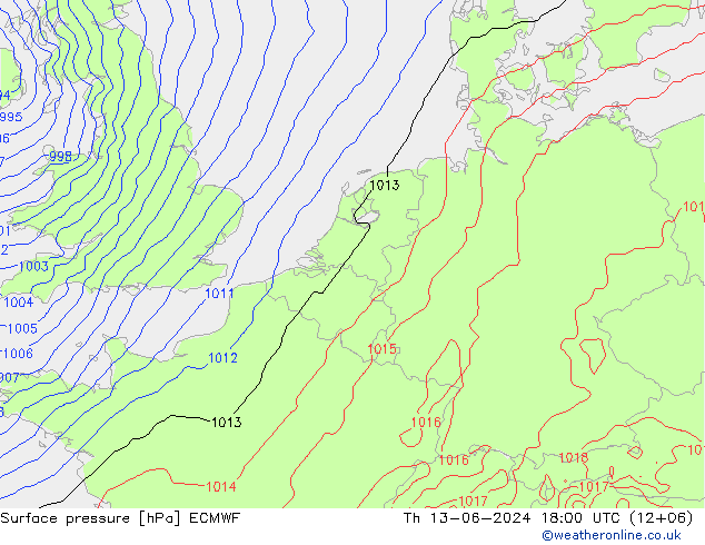 Pressione al suolo ECMWF gio 13.06.2024 18 UTC