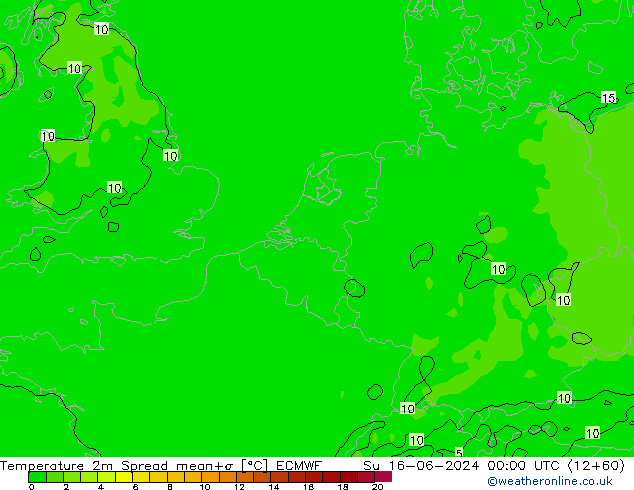 Temperatura 2m Spread ECMWF Dom 16.06.2024 00 UTC