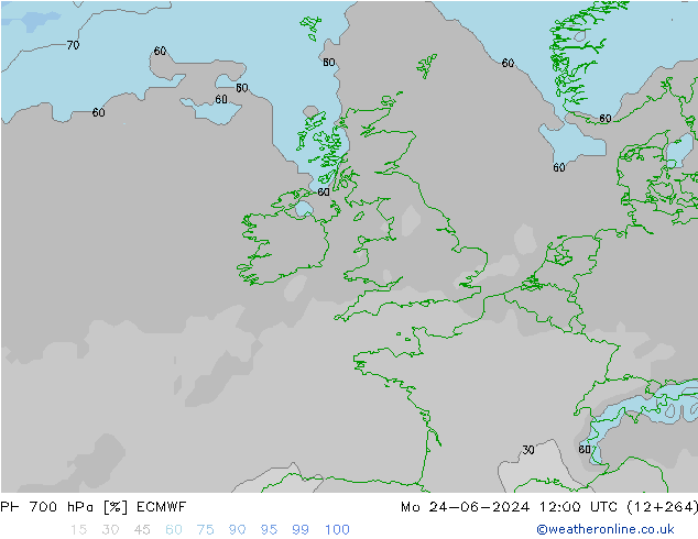 RH 700 hPa ECMWF Mo 24.06.2024 12 UTC