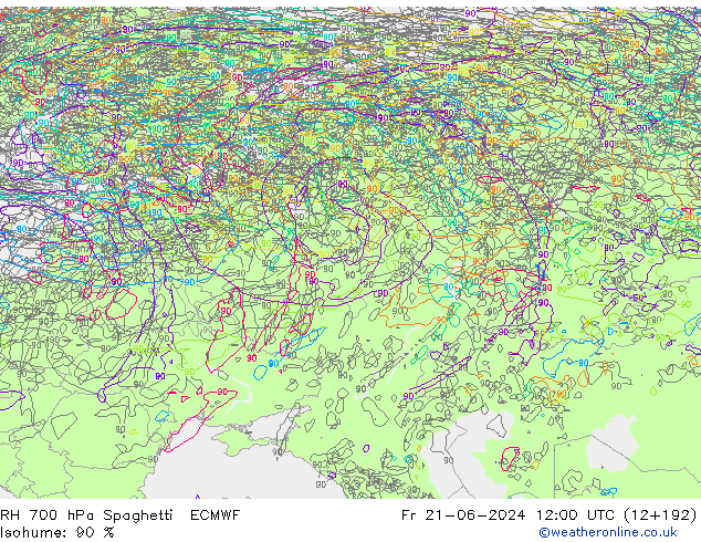 RH 700 hPa Spaghetti ECMWF Fr 21.06.2024 12 UTC