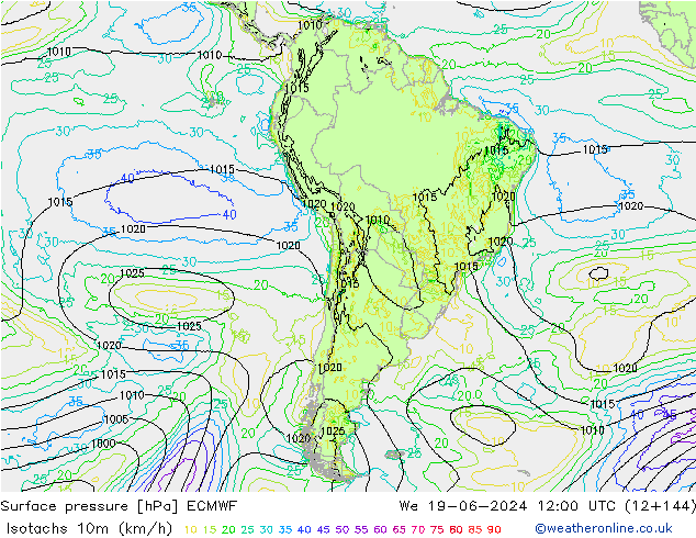 Isotachs (kph) ECMWF Qua 19.06.2024 12 UTC