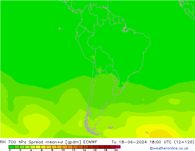 700 hPa Nispi Nem Spread ECMWF Sa 18.06.2024 18 UTC