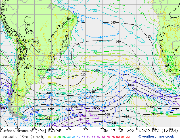 Eşrüzgar Hızları (km/sa) ECMWF Pzt 17.06.2024 00 UTC