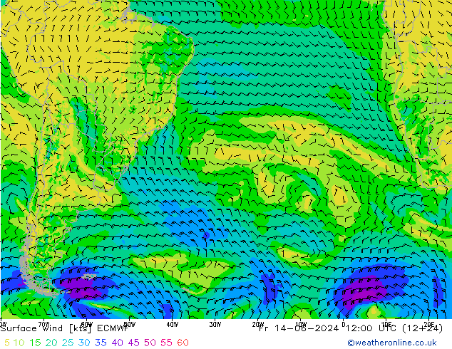 Rüzgar 10 m ECMWF Cu 14.06.2024 12 UTC