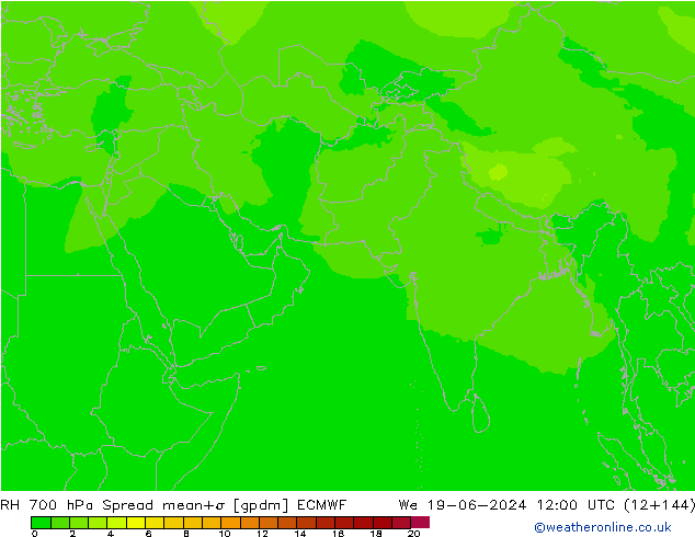 Humidité rel. 700 hPa Spread ECMWF mer 19.06.2024 12 UTC