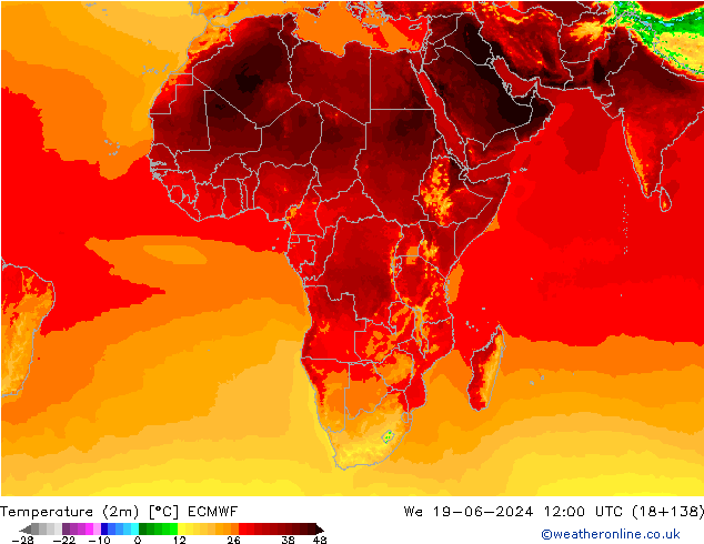 Temperatura (2m) ECMWF Qua 19.06.2024 12 UTC