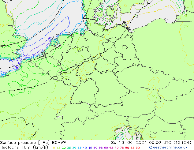 Eşrüzgar Hızları (km/sa) ECMWF Paz 16.06.2024 00 UTC