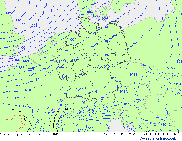 Atmosférický tlak ECMWF So 15.06.2024 18 UTC