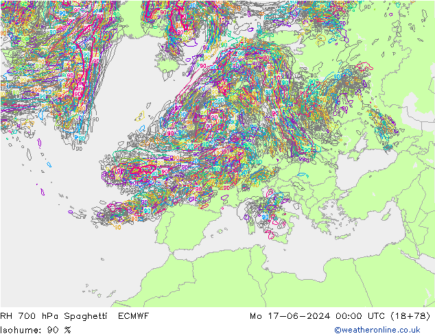 RH 700 hPa Spaghetti ECMWF Mo 17.06.2024 00 UTC