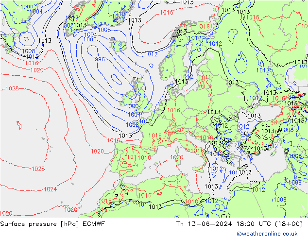 Surface pressure ECMWF Th 13.06.2024 18 UTC