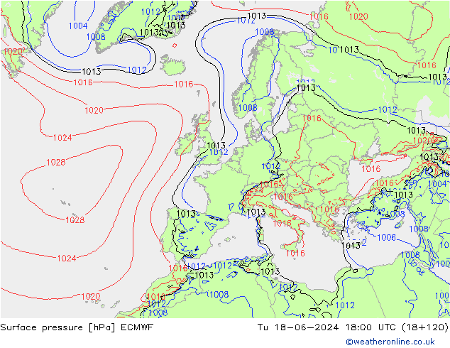 Bodendruck ECMWF Di 18.06.2024 18 UTC