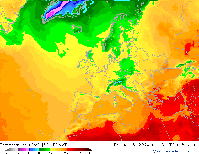 Temperaturkarte (2m) ECMWF Fr 14.06.2024 00 UTC