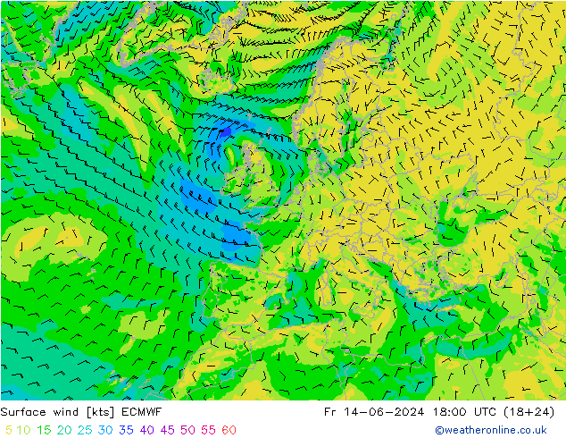 Vento 10 m ECMWF Sex 14.06.2024 18 UTC