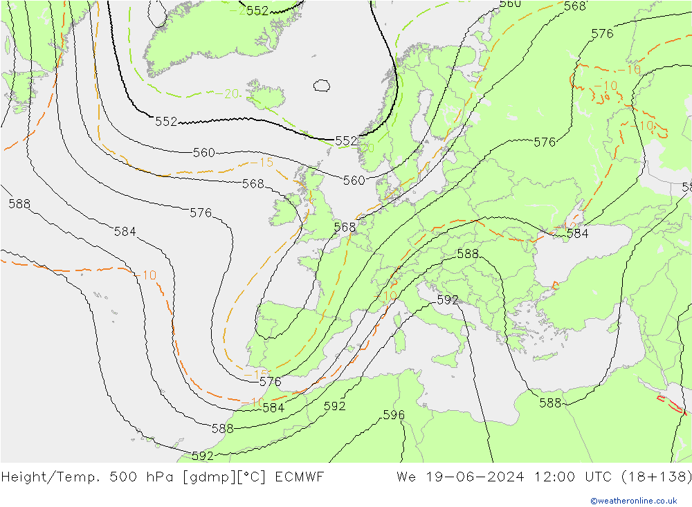 Hoogte/Temp. 500 hPa ECMWF wo 19.06.2024 12 UTC